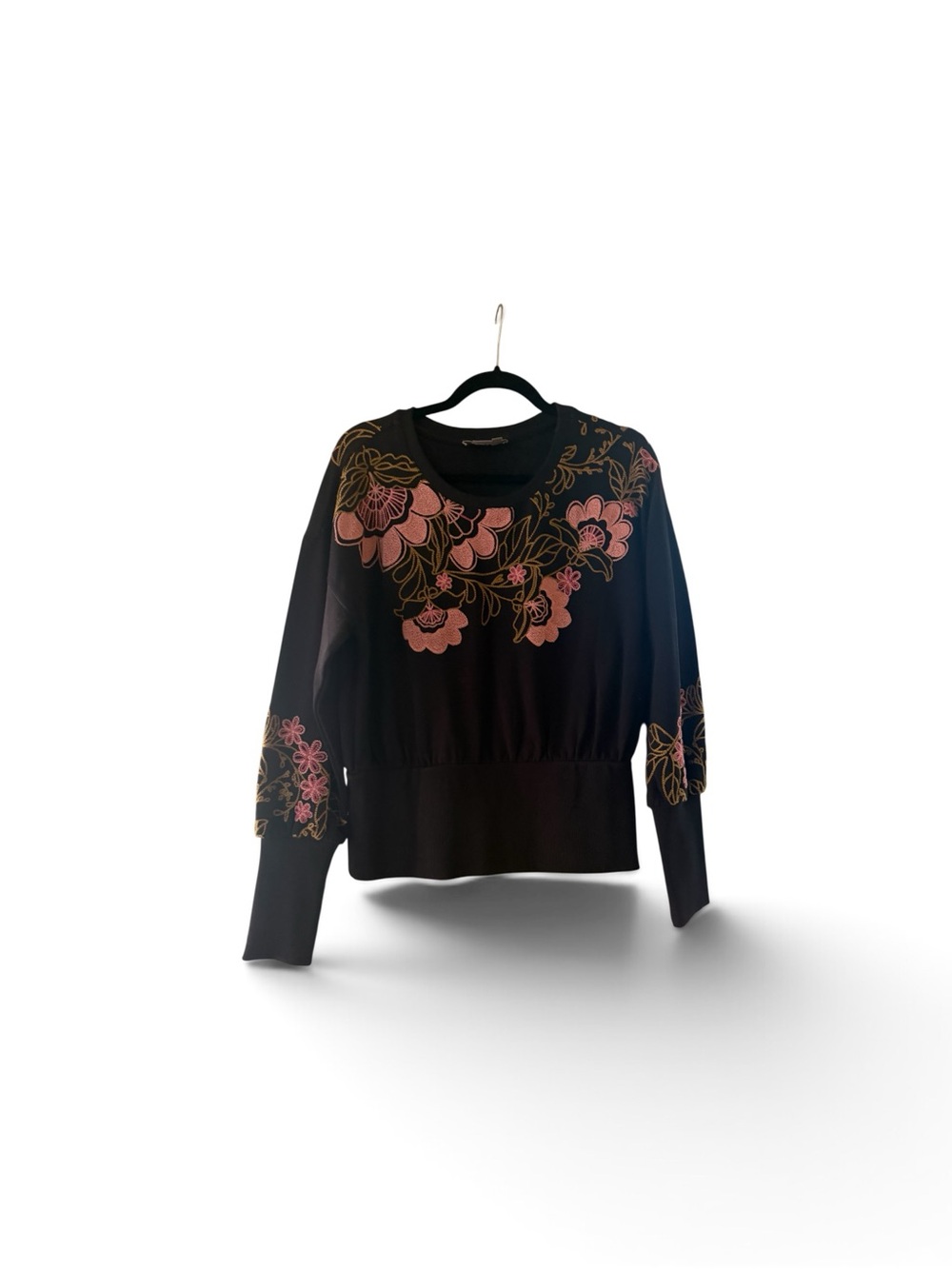 Anthropologie Black Embroidered Floral Sweater | Boho Knit Pullover